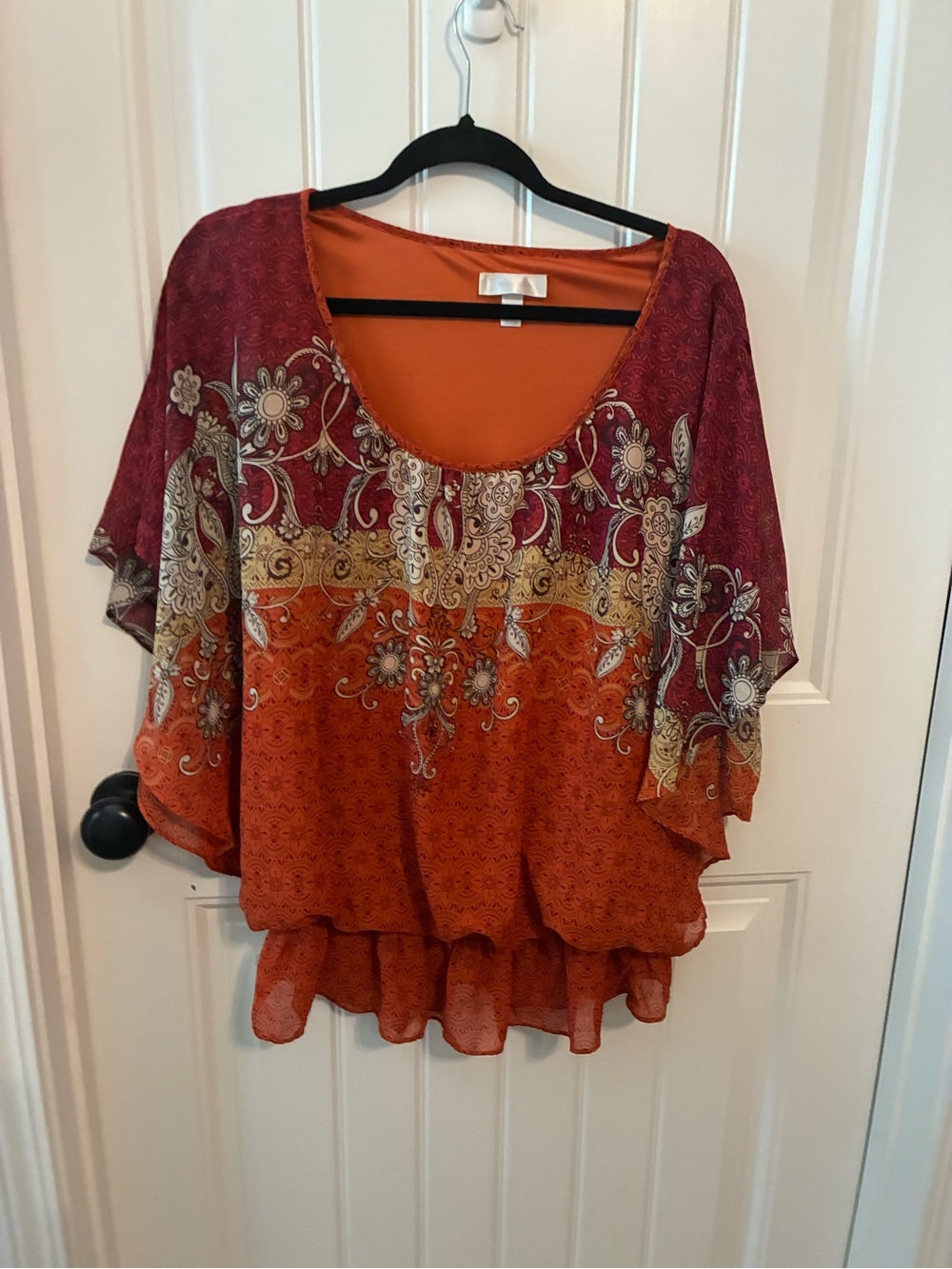 dressbarn Orange and Burgundy Floral Paisley Tunic